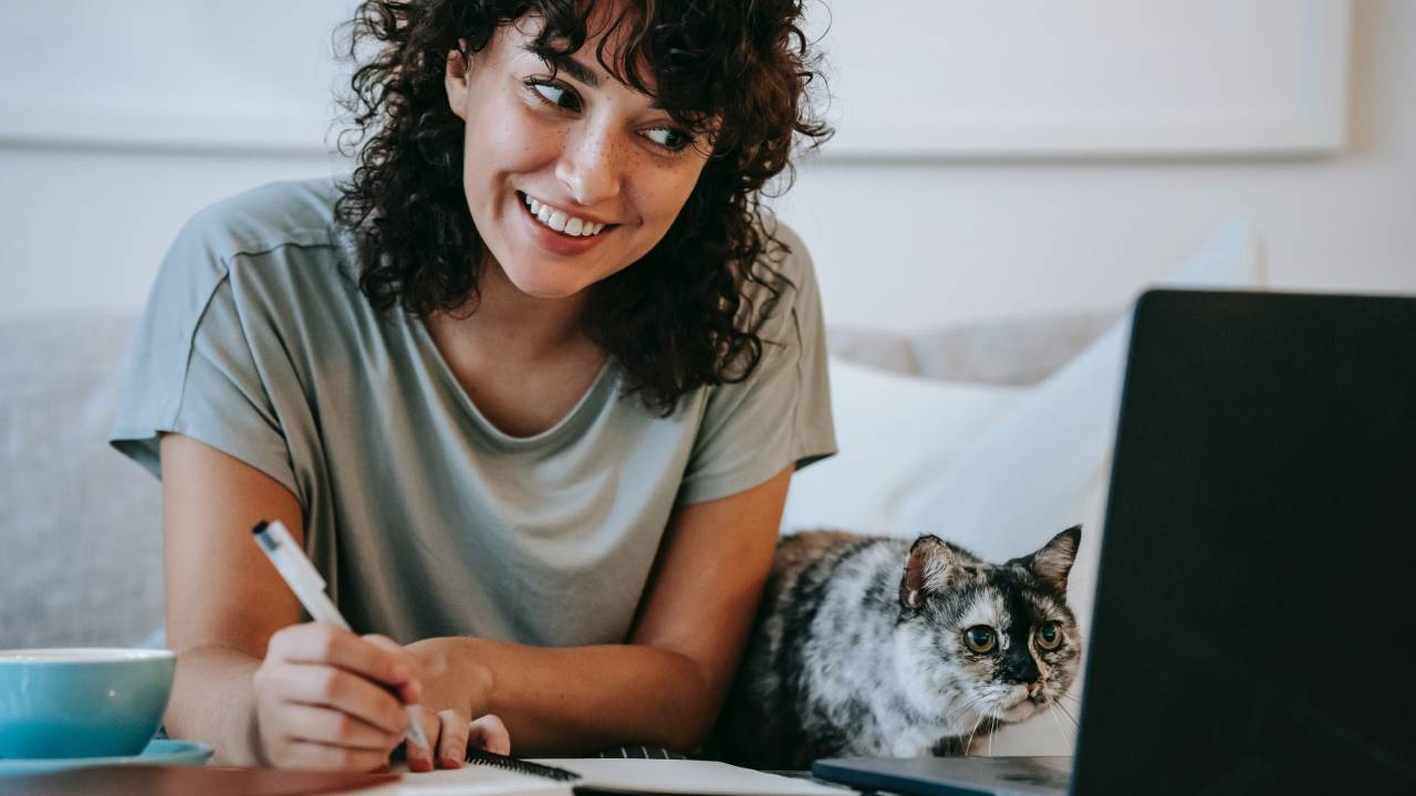 Mulher de cabelos escuros e cacheados sorrindo e olhando o computador ao lado de um gato malhado de cinza.
