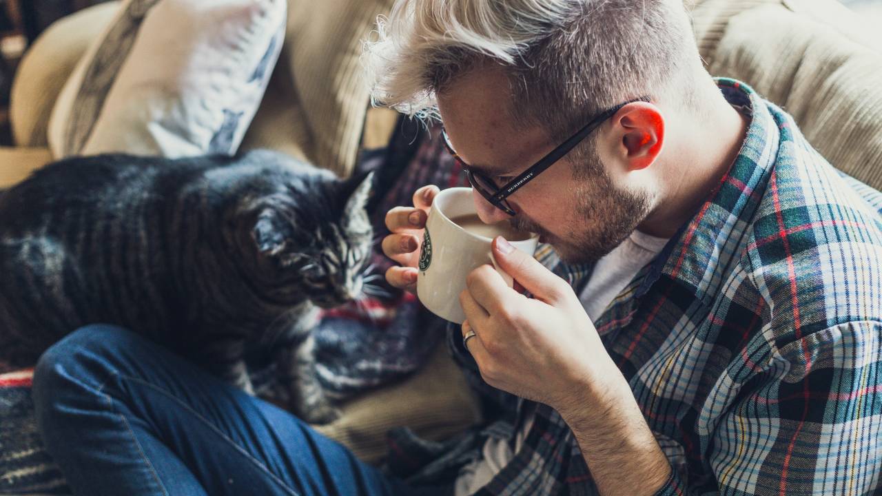 Imagem mostra um homem jovem, de cabelos loiros, tomando uma caneca de café no sofá. Um gato malhado e cinza está em seu colo