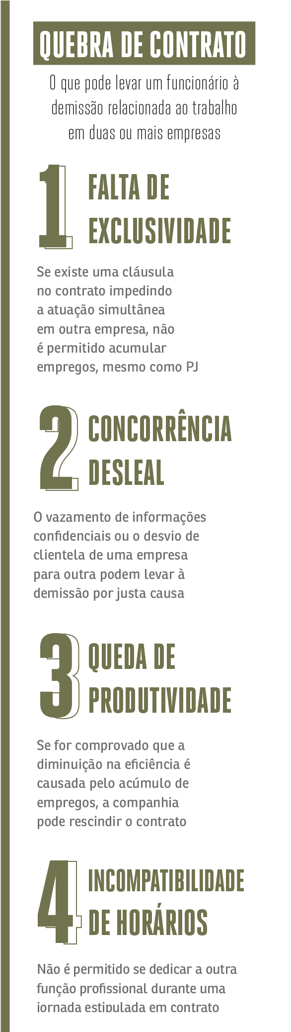 Falta de exclusividade, concorrncia desleal, queda da produtividade e incompatibilidade de horrios podem levar um funcionrio  demisso relacionada ao trabalho em duas ou mais empresas