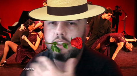 Imagem mostra homem com chapeu e uma rosa na boca e, atrás, uma montagem com pessoas dançando tango