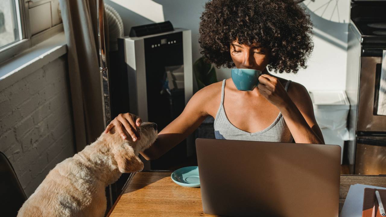 Uma mulher está tomando uma bebida em uma xícara enquanto acaricia seu cachorro e trabalha no computador
