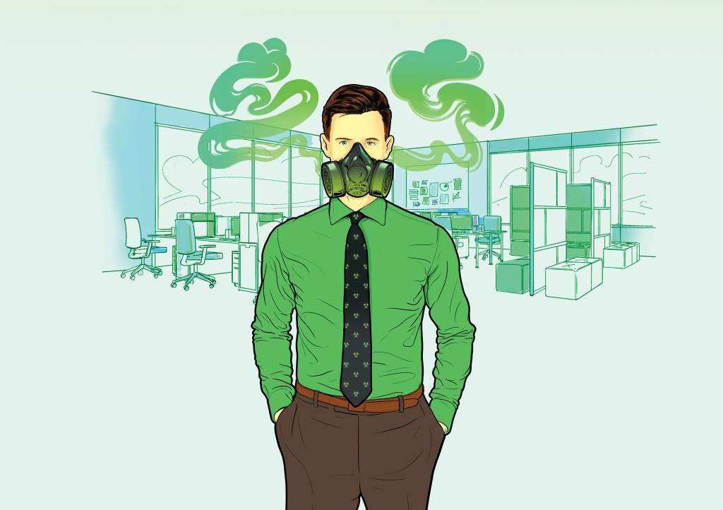 Ilustração mostra um homem vestido socialmente em um escritório. Ele está utilizando uma máscara e, atrás dele, há uma fumaça verde indicando algo tóxico