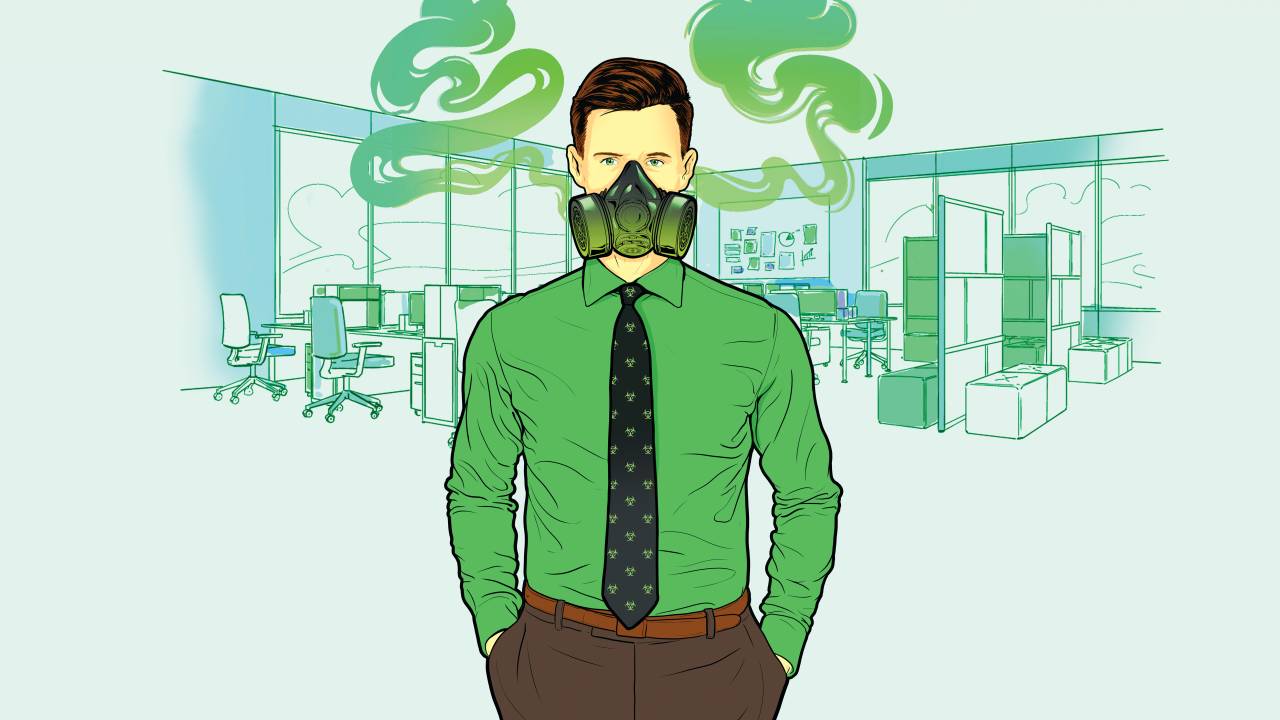 Ilustração mostra um homem vestido socialmente em um escritório. Ele está utilizando uma máscara e, atrás dele, há uma fumaça verde indicando algo tóxico