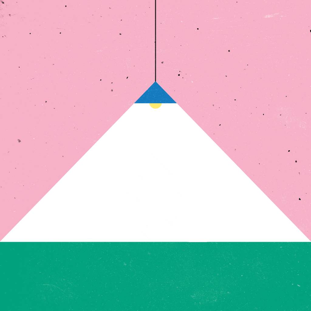 Ilustração mostra uma luz suspensa fazendo uma sombra triangular. O fundo da imagem é rosa, o chão é verde.