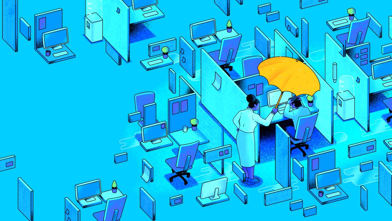 Ilustrações em tons de azul de um escritório. Chove dentro dele. Um dos funcionários está em sua baia com um guarda-chuva amarelo aberto