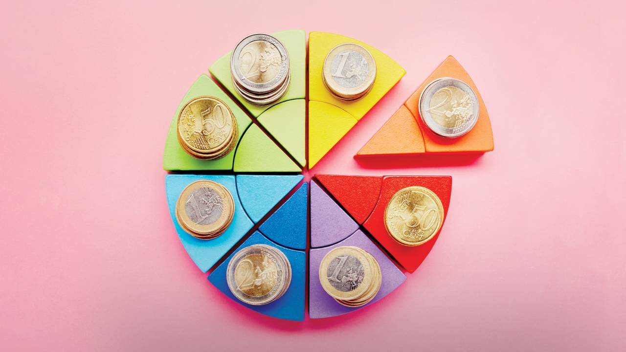 imagem de um gráfico de pizza, colorido, com uma pilha de moedas em cada uma das fatias.