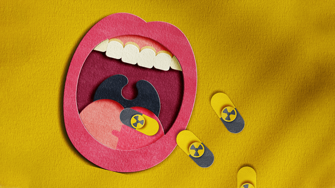 colagem que mostra uma boca e pílulas amarelas e pretas, com símbolo de objeto radioativo