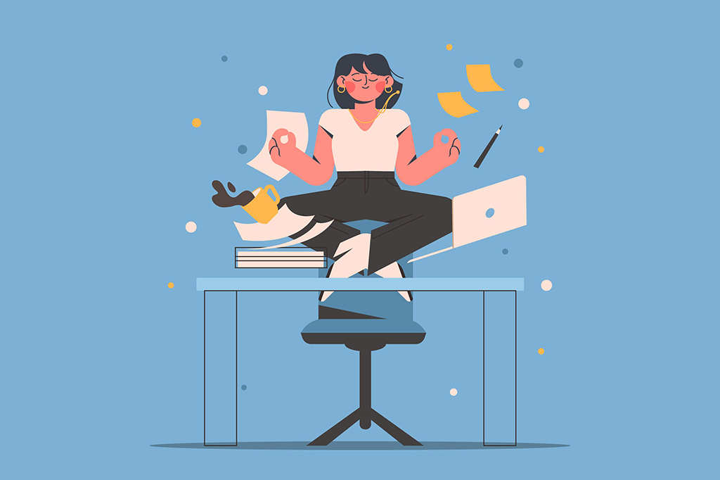 Conceito de bem-estar no local de trabalho ilustrado com o desenho de uma mulher meditando sobre sua mesa de trabalho e os objetos flutuando.