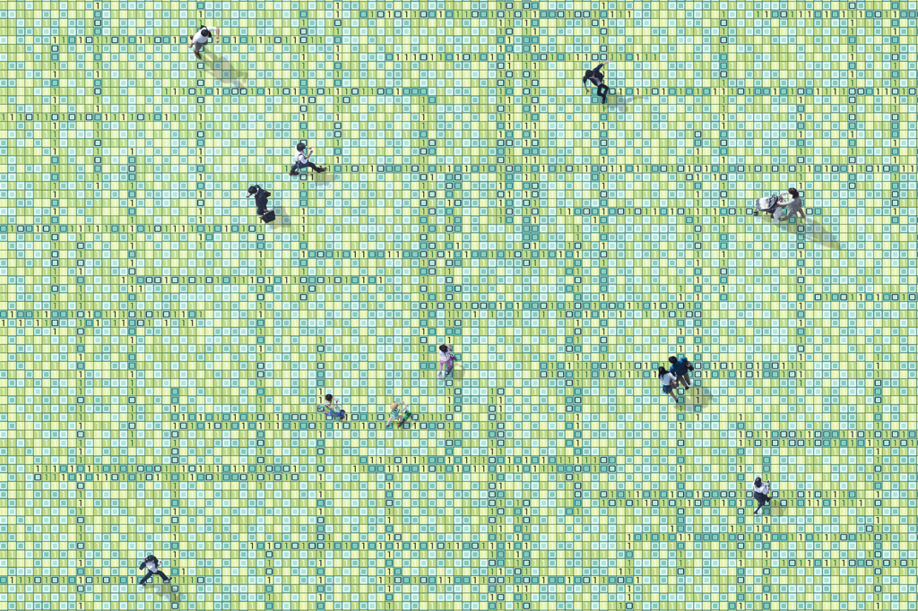 Imagem de uma visão superior de pessoas andando em um chão composto por números binários.