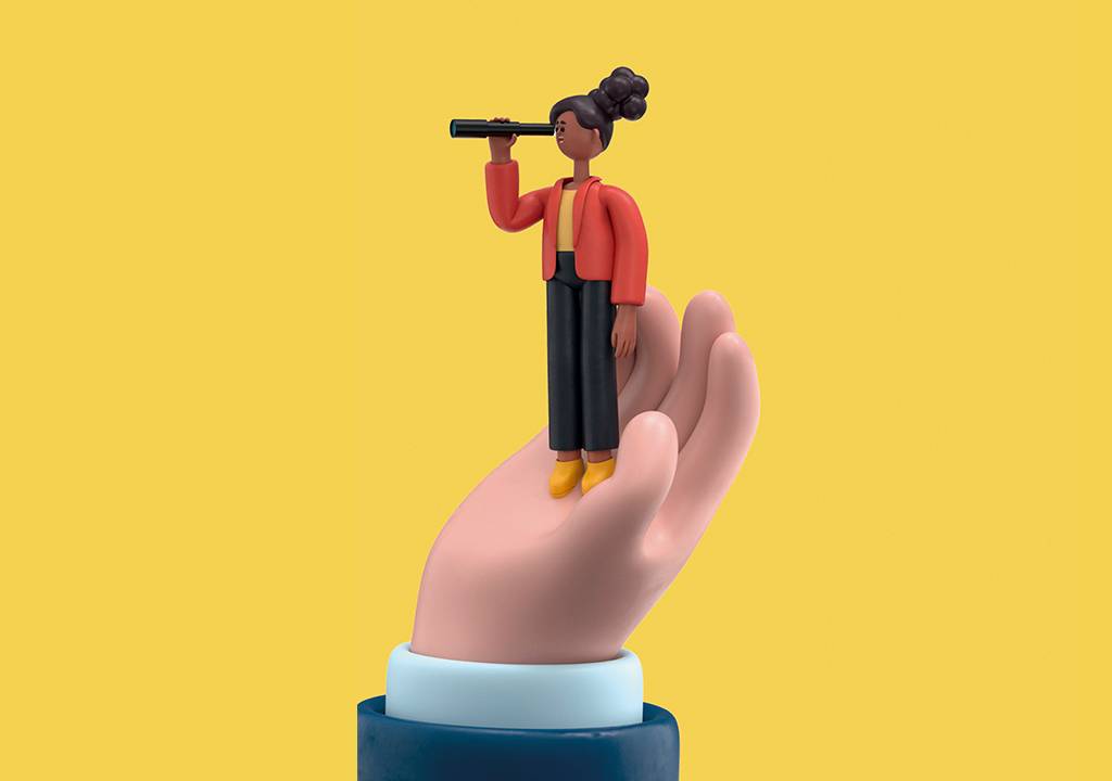 Uma representação de uma mulher segurando um binóculo. Todo o seu corpo está sendo segurada por uma mão.