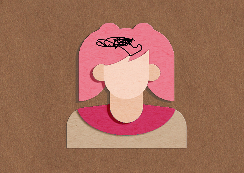 Um representação bidimensional de uma mulher de cabelos e roupas cor de rosa. Há um rabisco na parte superior de sua cabeça.