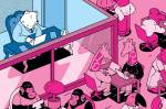 Ilustração representando o isolamento de um chefe numa empresa. Um urso isolado numa sala azul, separada por um biombo, de outros bichos numa sala cor de rosa.