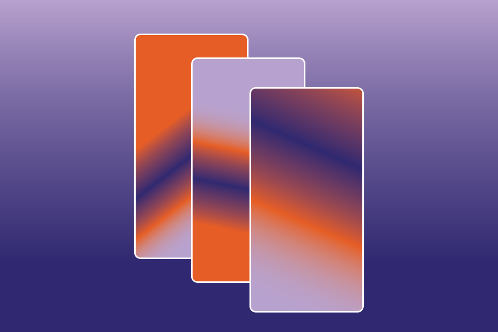 VCRH_95_Minimalismo_digital_3 Ilustração, em fundo degradê roxo, com três retângulos remetendo ao formato de smartphones.