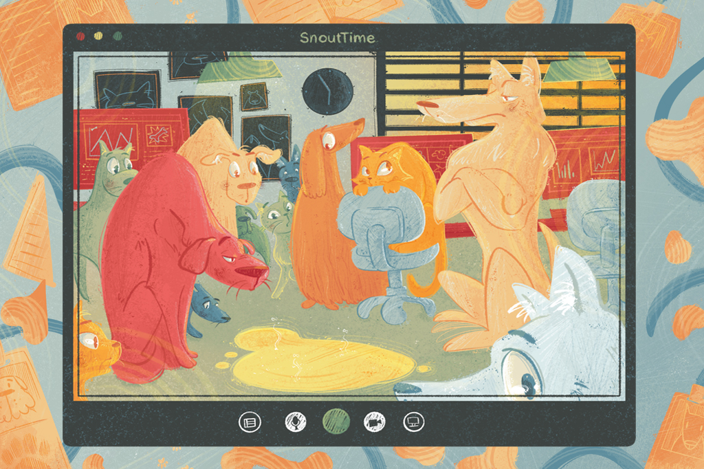 VCRH_95_Pet_Friendly_3 Ilustração de vários bichos de estimação num escritório.