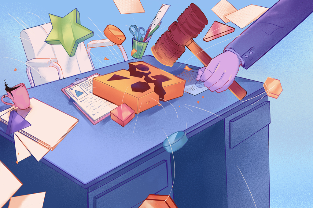 Ilustração de uma mão segurando um martelo e destruindo uma caixa com formas geométricas.