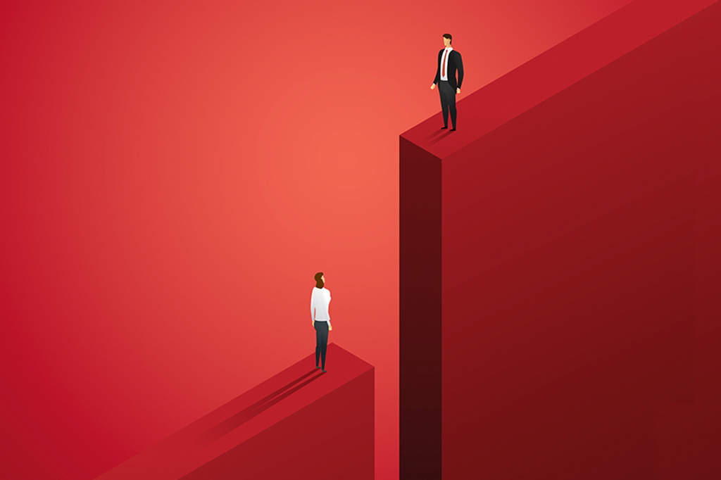 Ilustração de desigualdade salarial, homem está em uma posição mais alta do que a mulher.