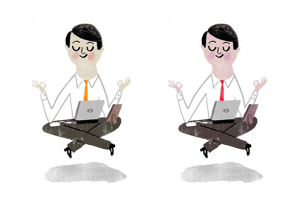 Ilustração de dois homens meditando no trabalho.