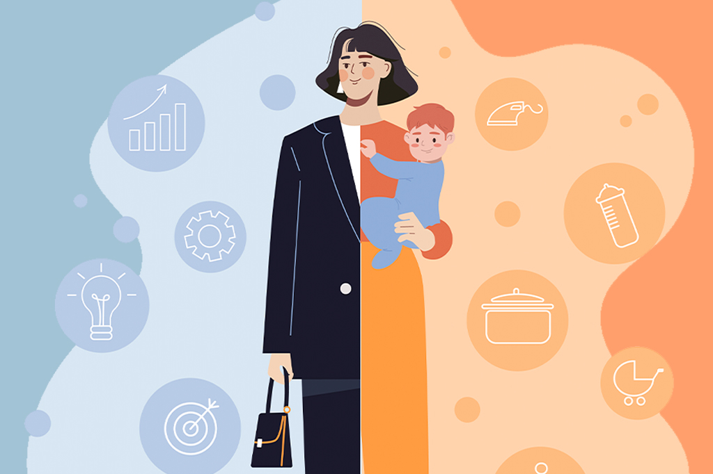 Ilustração de uma empresária que é mãe segurando o seu filho no colo. Equilíbrio entre vida pessoal e profissional.