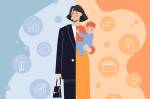 Ilustração de uma empresária que é mãe segurando o seu filho no colo. Equilíbrio entre vida pessoal e profissional.