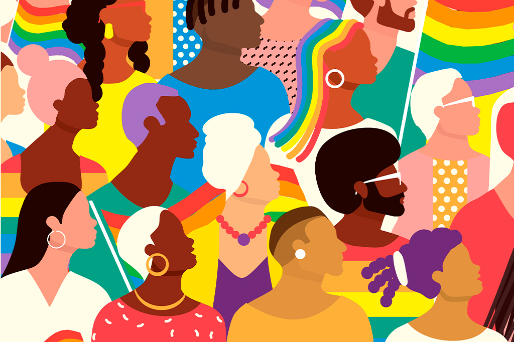 Ilustração vibrante e colorido de uma grande multidão de pessoas diversas.