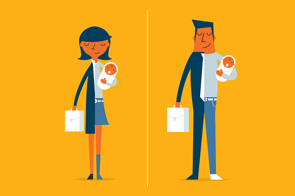 Ilustração de uma mãe e um pai roupas de escritório com bebê no colo.