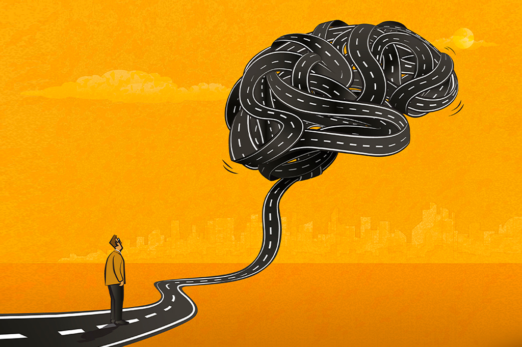 Ilustração de um homem parado na estrada e olhando para o grande nó em forma de cérebro formado por estradas emaranhadas.