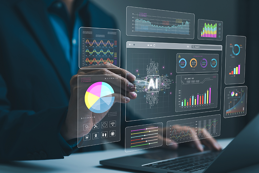 Fotografia de um empresário analisa gestão de dados corporativos por tecnologia de inteligência artificial de IA.