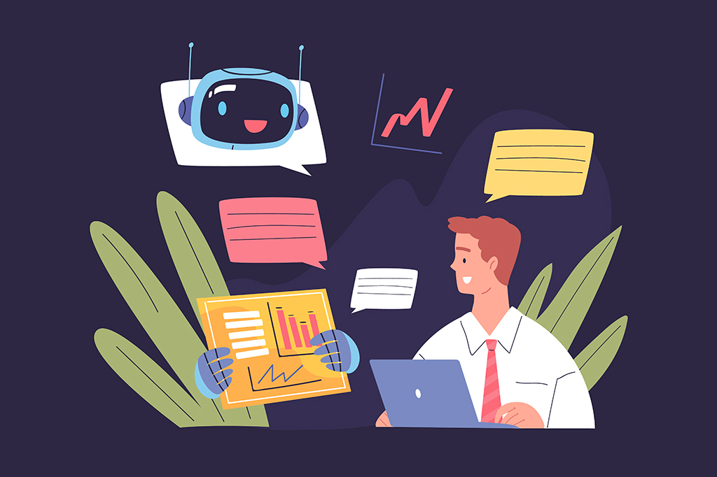 Ilustração de um homem de negócios conversando com android bot ai assistente.