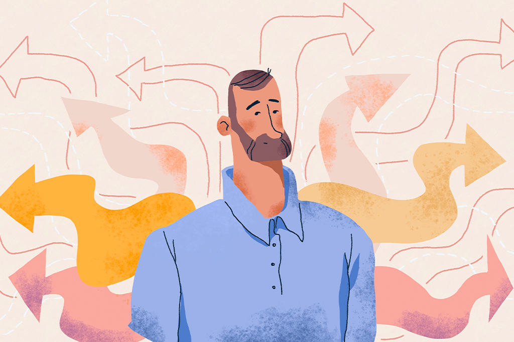 Ilustração de um homem cercado por flechas simbolizando diferentes caminhos e escolhas.