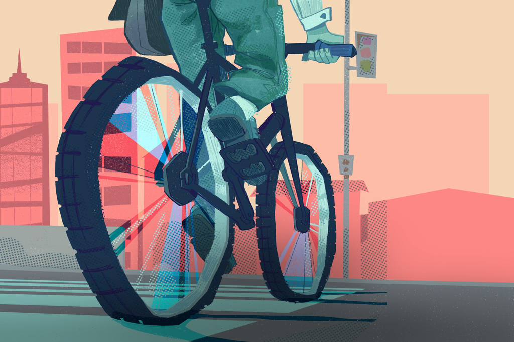 Ilustração de uma pessoas atravessando uma faixa de pedestre de bicicleta. Ao fundo, vê-se alguns prédios e casas.