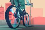 Ilustração de uma pessoas atravessando uma faixa de pedestre de bicicleta. Ao fundo, vê-se alguns prédios e casas.