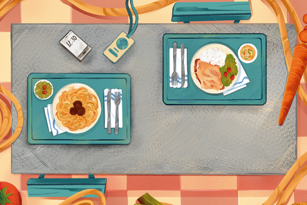 Ilustração, vista de cima, de uma mesa de refeitório. A esquerda, uma bandeja com um prato de macarrão. A direita, um prato com bife, salada e arroz.