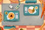 Ilustração, vista de cima, de uma mesa de refeitório. A esquerda, uma bandeja com um prato de macarrão. A direita, um prato com bife, salada e arroz.