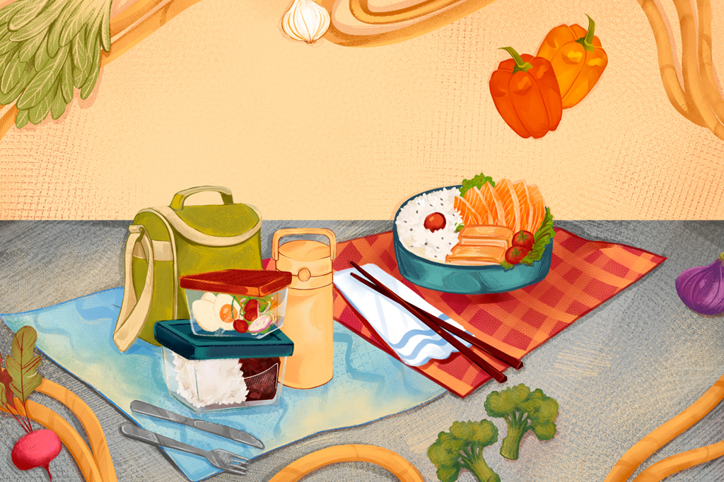 Ilustração, de duas refeições. A esquerda, vê-se, sobre uma toalha azulada, dois potes de plástico – um com ovos cozidos e salada, outro com arroz e feijão. A direita, vê-se, sobre uma toalha quadriculada, uma tigela com arroz e salmão.