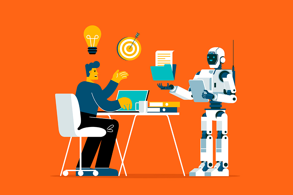 Ilustração de um empresário e robô de IA trabalhando juntos no conceito de escritório.