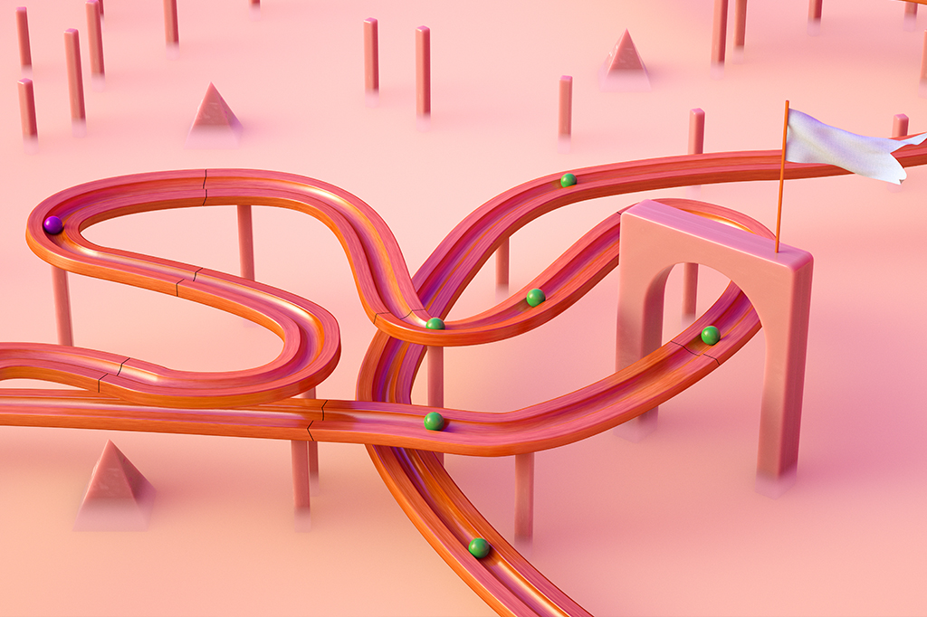 Renderização 3D de vários caminhos interligados, com esferas sobre eles. Há uma passagem com uma bandeira branca estendida na área superior.