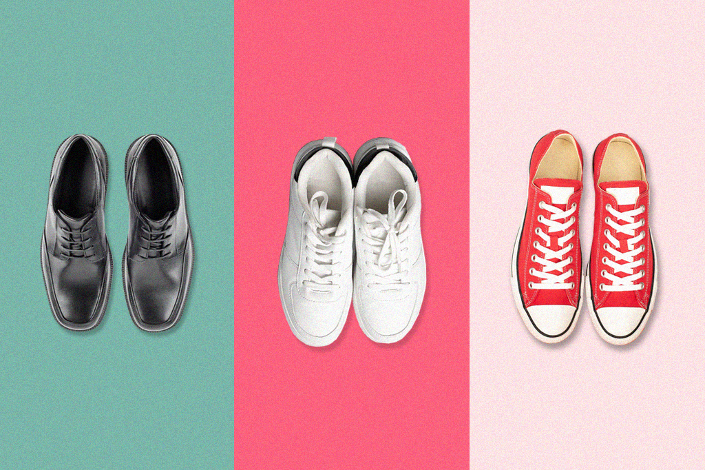 Colagem com três pares diferentes de sapatos, sendo da esquerda para à direita: sapatos sociais, tênis casuais e um modelo da marca converse.
