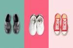 Colagem com três pares diferentes de sapatos, sendo da esquerda para à direita: sapatos sociais, tênis casuais e um modelo da marca converse.