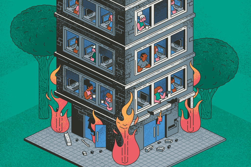 Ilustração de um edifício em chamas no andar térreo com pessoas trabalhando calmamente nos andares acima. Ao redor do edifício, vê-se um gramado e duas árvores.