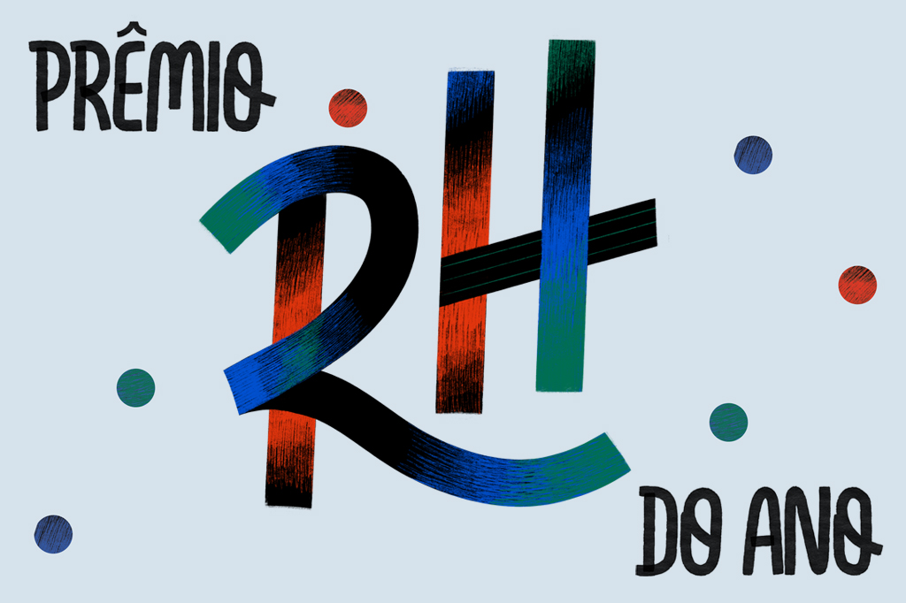 Imagem, em fundo azul claro, com a frase "Prêmio RH do ano" escrito em letra cursiva. Vê-se, também, alguns confetes coloridos.