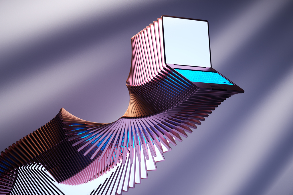 Imagem digital gerada de laptops abstratos organizados em um padrão espiral.