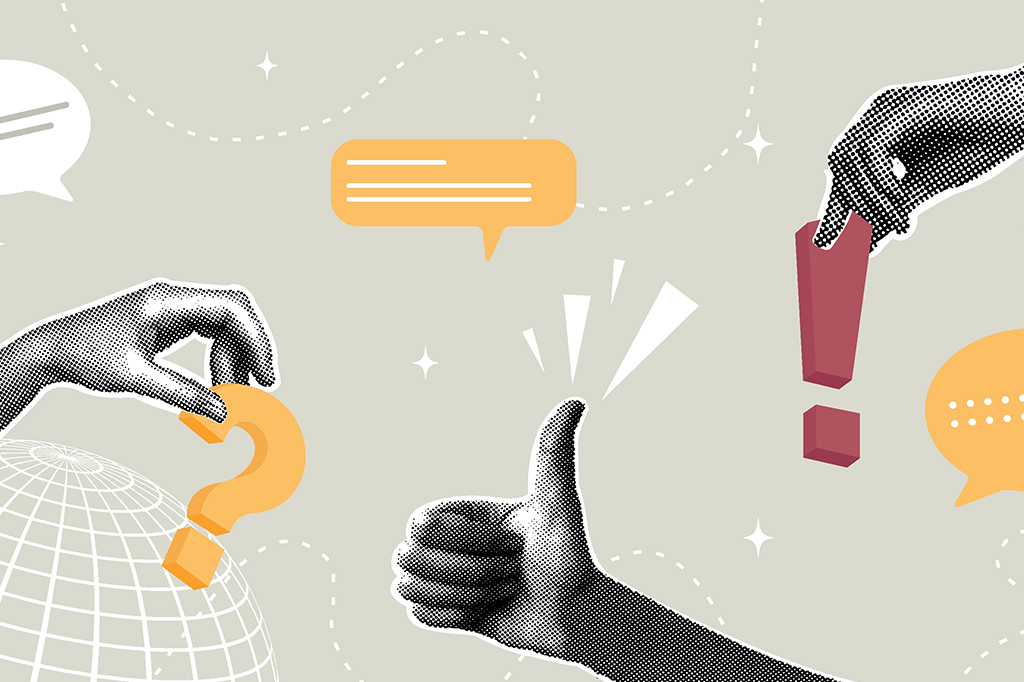 Imagem de uma colagem com mãos e diferentes símbolos relacionados a comunicação no entorno.