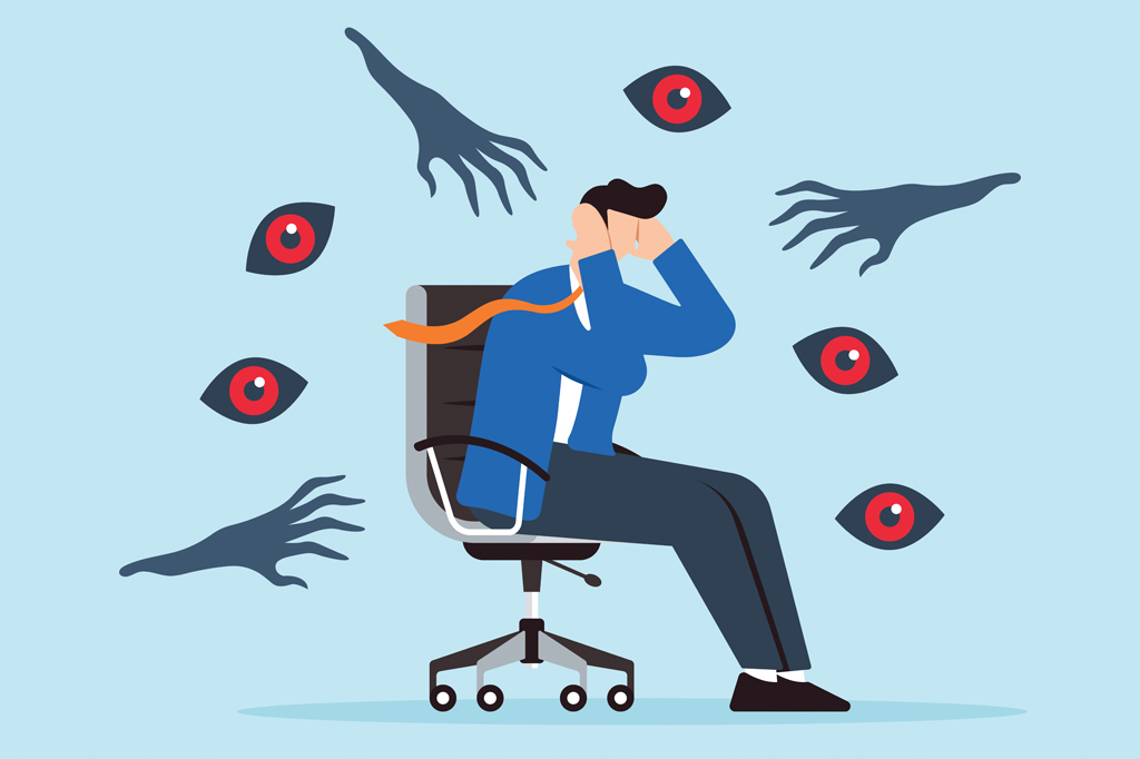 Ilustração, em fundo azul claro, de um homem de negócios sentado numa cadeira, tendo uma crise de pânico, cercado de mãos e olhos assustadores, simbolizando a ansiedade.