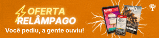 Banner laranja com texto OFERTA RELÂMPAGO em destaque, acompanhado de um ícone de raio. Abaixo, Você pediu, a gente ouviu!. À direita, capas de revistas: Superinteressante, Veja e uma menor com Quatro Rodas. Um ícone de árvore estilizada no canto superior direito