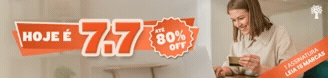 Banner promocional com a frase HOJE É 7.7 em letras grandes e ATÉ 80% OFF em um selo circular laranja. À direita, uma mulher sorridente, de camisa clara, segura um cartão dourado enquanto digita em um notebook. No canto inferior direito, uma faixa laranja diagonal com 1 ASSINATURA LEIA 15 MARCAS