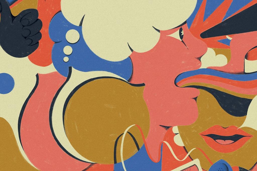Ilustra&ccedil;&atilde;o abstrata com rostos e m&atilde;os em tons de rosa, azul, amarelo e marrom. Uma mulher de perfil com cabelo branco e boca aberta, outra com l&aacute;bios vermelhos e um polegar para cima. Cores vibrantes e texturas granuladas criam uma atmosfera de comunica&ccedil;&atilde;o e express&atilde;o