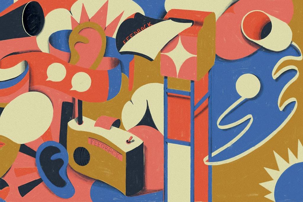 Ilustra&ccedil;&atilde;o abstrata com elementos de comunica&ccedil;&atilde;o e feedback em tons de azul, vermelho, bege e marrom. Um megafone, bal&otilde;es de fala, uma caixa de correio com a palavra FEEDBACK e um r&aacute;dio com a mesma palavra. H&aacute; tamb&eacute;m uma orelha e um sol estilizado, sugerindo escuta e clareza na comunica&ccedil;&atilde;o